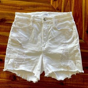 Good American Distressed White Denim Shorts